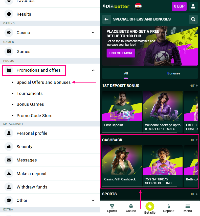 How to start using the Spinbetter EG Cashback Offers?