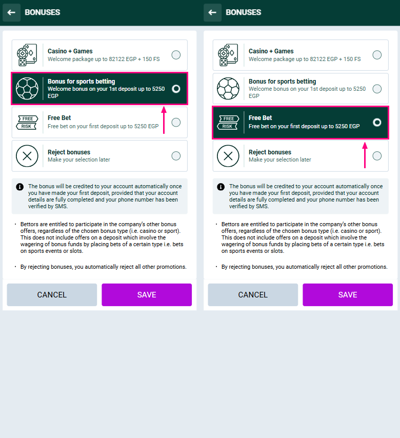 Spinbetter Welcome Bonus selection