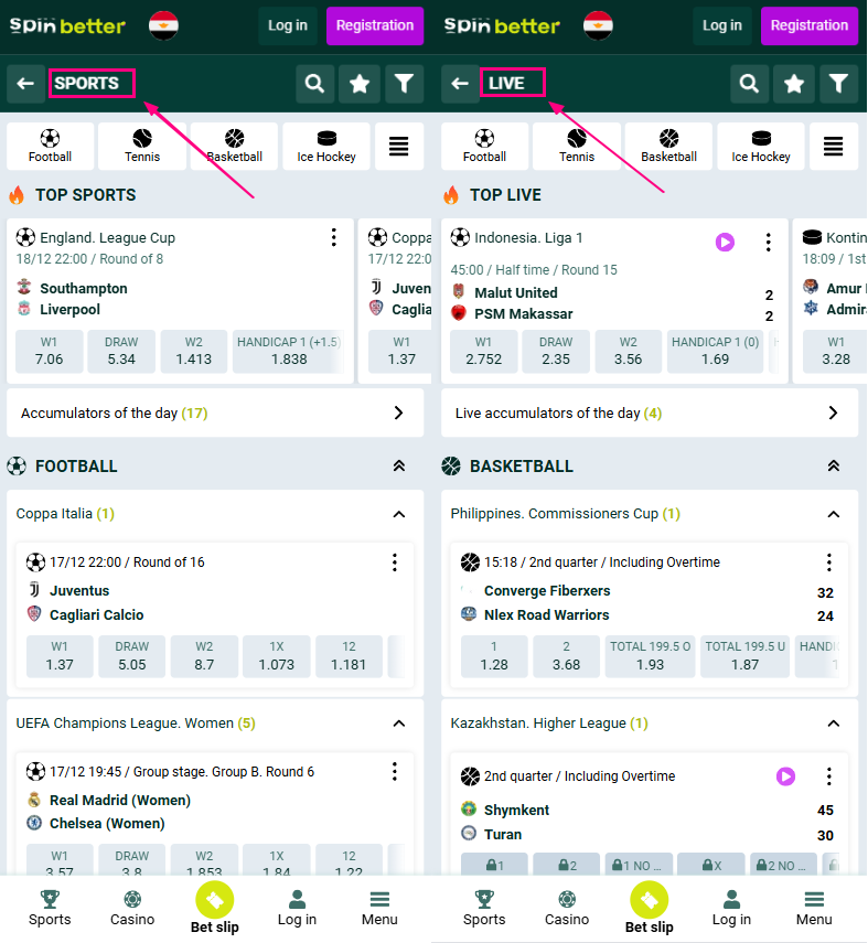 Spinbetter Match selection