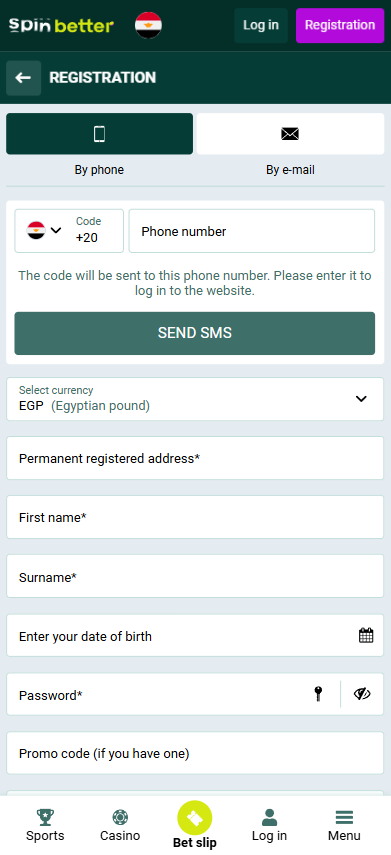 Spinbetter Registration form