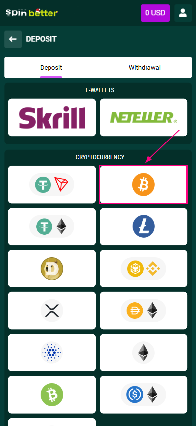 How to deposit via cryptocurrency?