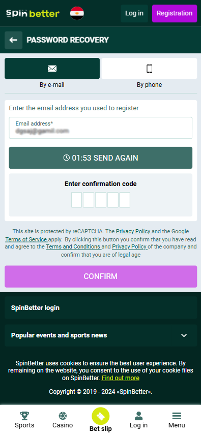 Spinbetter Password recovery