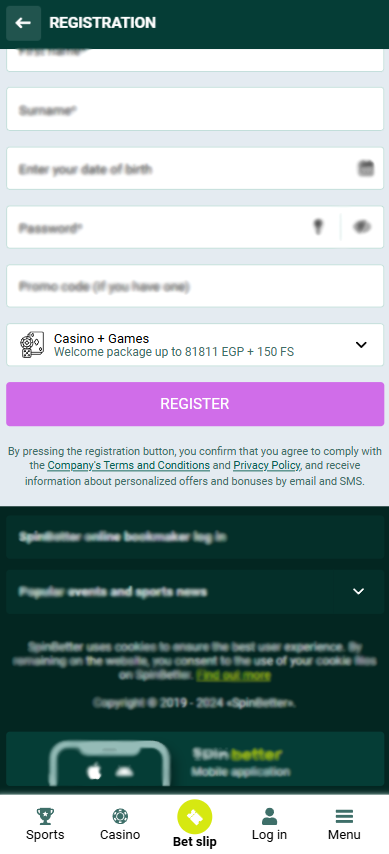 Spinbetter Registration form