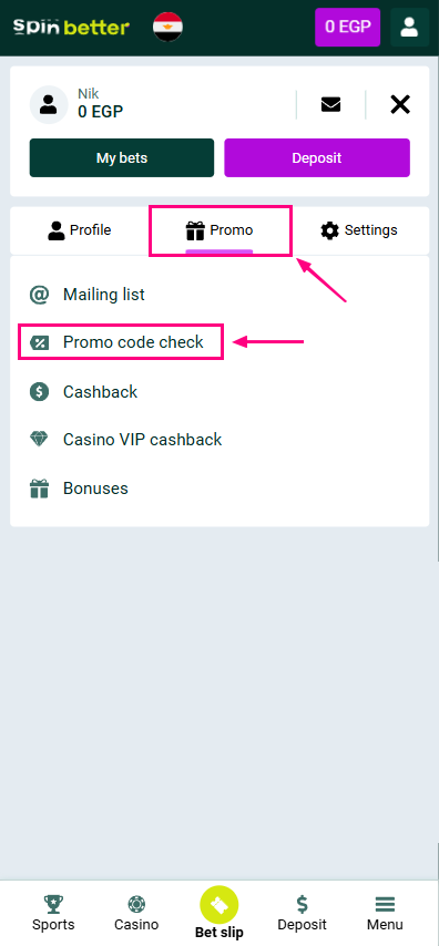 How to check the promo code on Spinbetter?