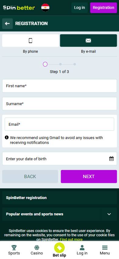 Spinbetter Registration form