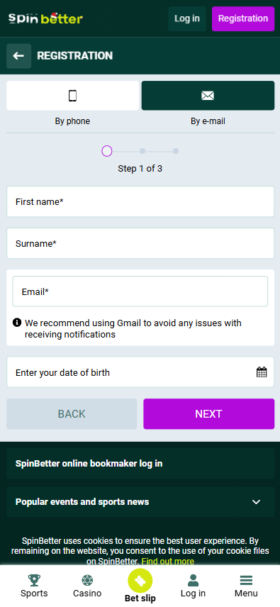 Spinbetter Registration form