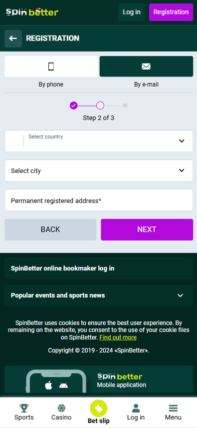 Spinbetter Registration form