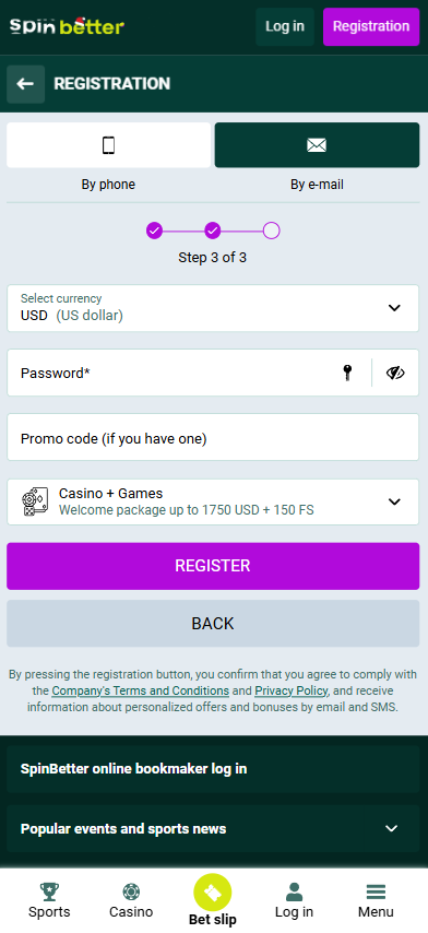 Spinbetter Registration form