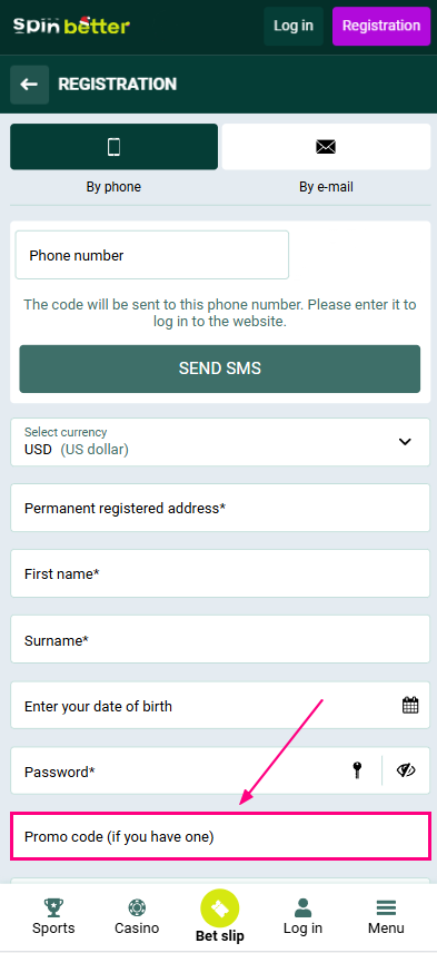 Bonus code activation during the registration process